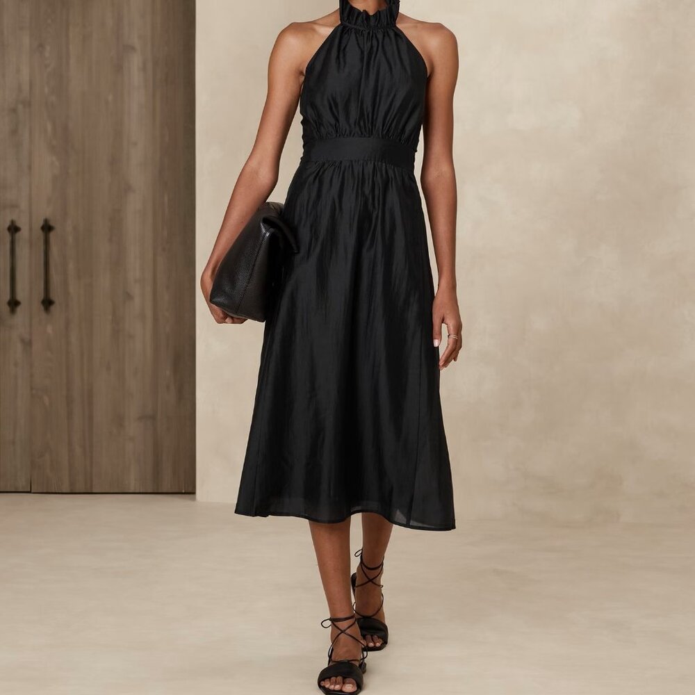 NWT Banana Republic Black Ruffled Halter Cotton Poplin Midi Summer Dress 12R